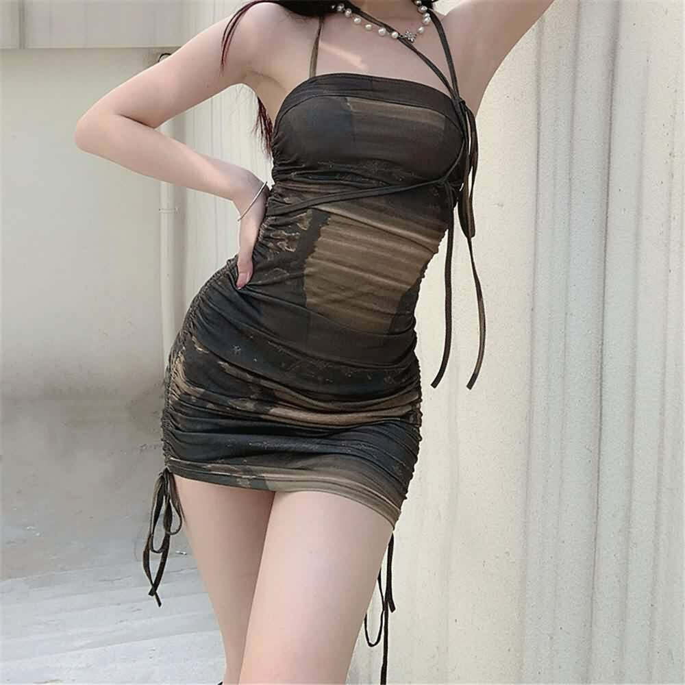 Y2K Grunge Open Shoulder Ruched Drawstring Mini Dress - Perfect for 90s and Y2K Summer Outfits