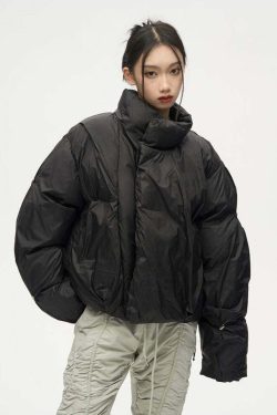 Y2K Grunge Overlapped Puffer Jacket - Retro 90s Fashion, Summer Y2K Outfits, Gothic Y2K Style