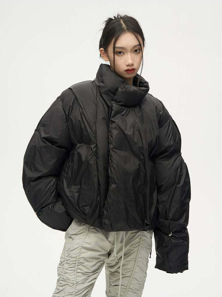 Y2K Grunge Overlapped Puffer Jacket - Retro 90s Fashion, Summer Y2K Outfits, Gothic Y2K Style
