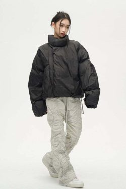 Y2K Grunge Overlapped Puffer Jacket - Retro 90s Fashion, Summer Y2K Outfits, Gothic Y2K Style