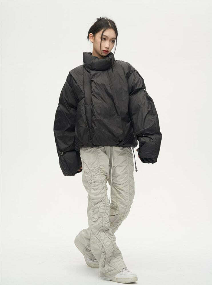 Y2K Grunge Overlapped Puffer Jacket - Retro 90s Fashion, Summer Y2K Outfits, Gothic Y2K Style