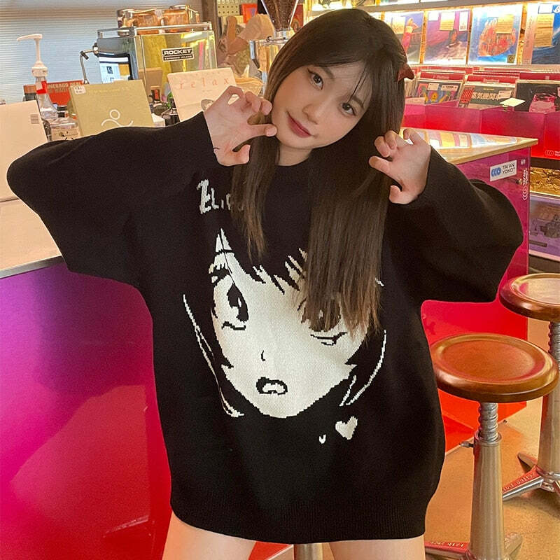 Y2K Grunge Oversize Anime Girl Black Sweater - Retro 90s Fashion, Y2K Summer Outfits