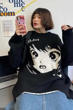 Y2K Grunge Oversize Anime Girl Black Sweater - Retro 90s Fashion, Y2K Summer Outfits