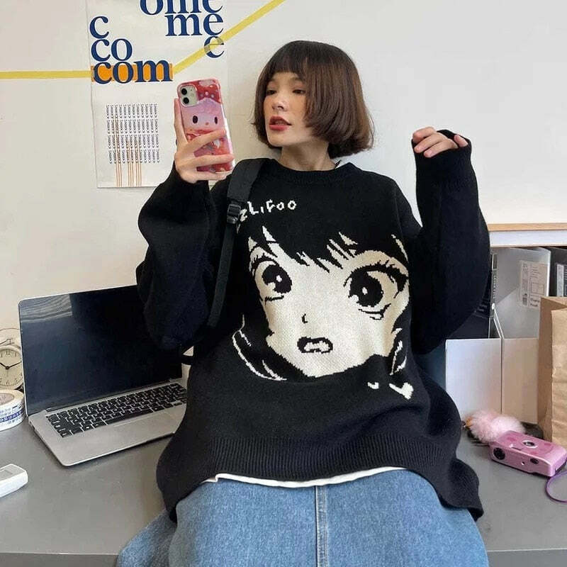 Y2K Grunge Oversize Anime Girl Black Sweater - Retro 90s Fashion, Y2K Summer Outfits