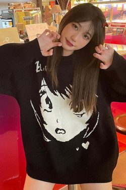 Y2K Grunge Oversize Anime Girl Black Sweater - Retro 90s Fashion, Y2K Summer Outfits
