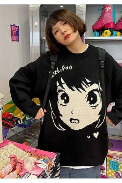 Y2K Grunge Oversize Anime Girl Black Sweater - Retro 90s Fashion, Y2K Summer Outfits