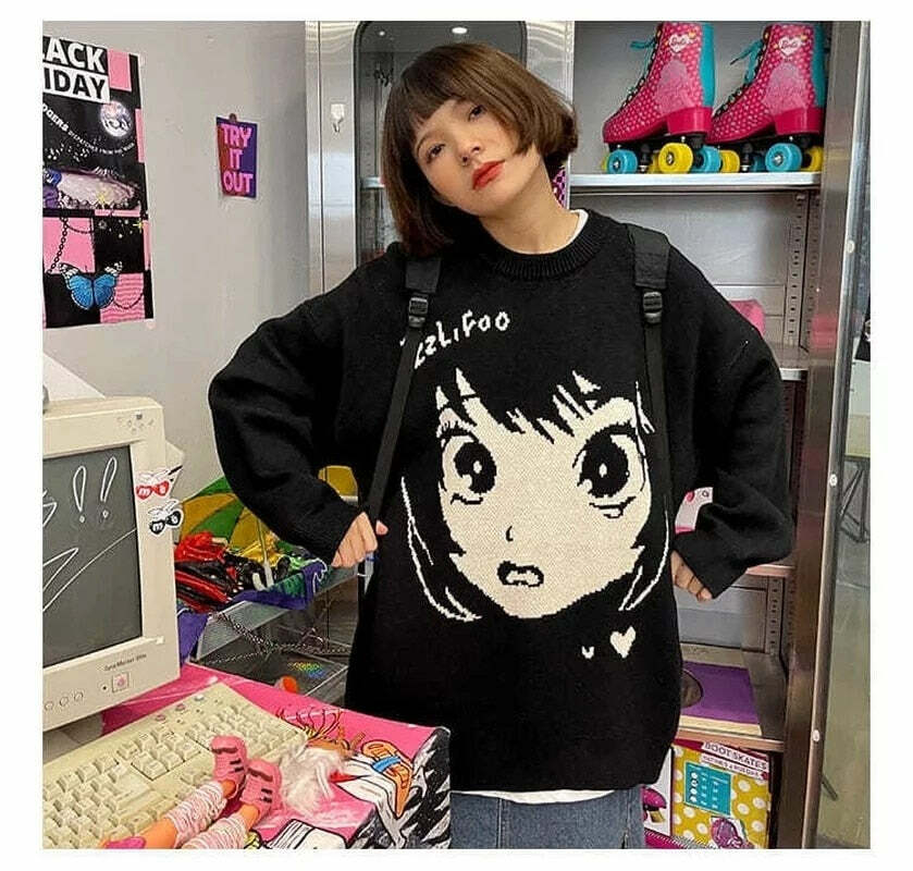 Y2K Grunge Oversize Anime Girl Black Sweater - Retro 90s Fashion, Y2K Summer Outfits