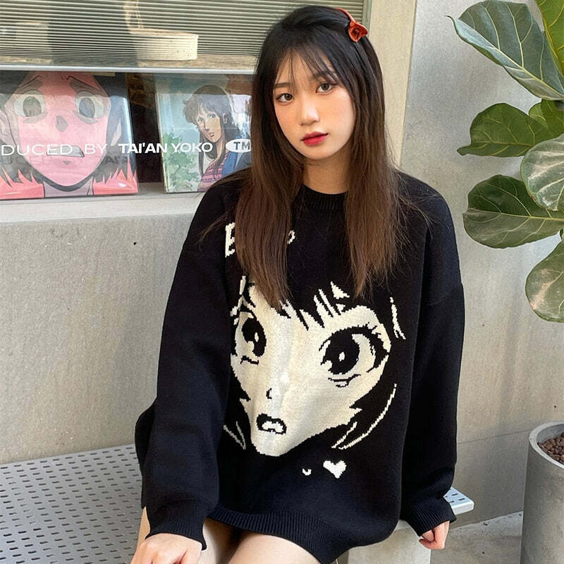 Y2K Grunge Oversize Anime Girl Black Sweater - Retro 90s Fashion, Y2K Summer Outfits
