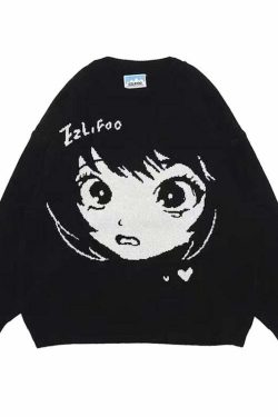 Y2K Grunge Oversize Anime Girl Black Sweater - Retro 90s Fashion, Y2K Summer Outfits