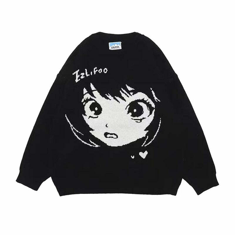 Y2K Grunge Oversize Anime Girl Black Sweater - Retro 90s Fashion, Y2K Summer Outfits