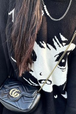 Y2K Grunge Oversize Anime Girl Black Sweater - Retro 90s Fashion, Y2K Summer Outfits