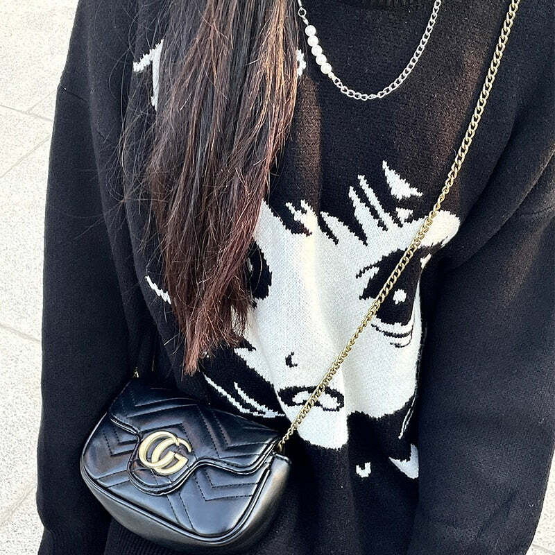 Y2K Grunge Oversize Anime Girl Black Sweater - Retro 90s Fashion, Y2K Summer Outfits