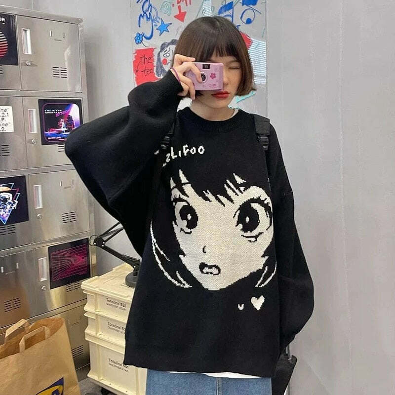 Y2K Grunge Oversize Anime Girl Black Sweater - Retro 90s Fashion, Y2K Summer Outfits