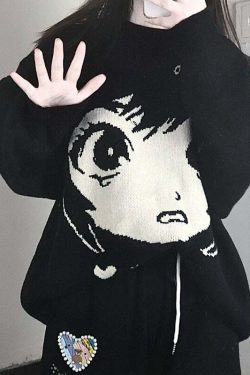 Y2K Grunge Oversize Anime Girl Black Sweater - Retro 90s Fashion, Y2K Summer Outfits