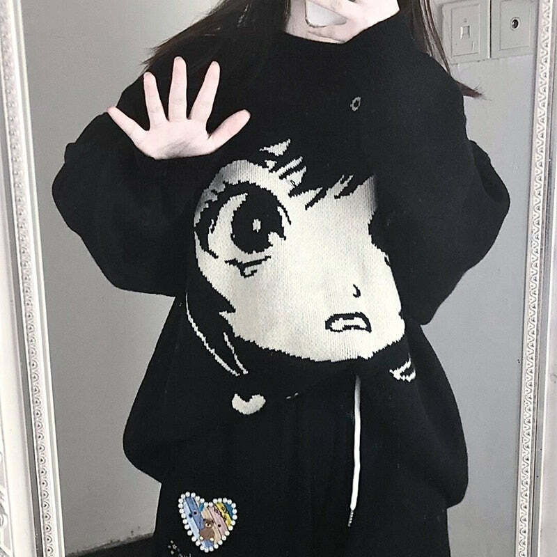 Y2K Grunge Oversize Anime Girl Black Sweater - Retro 90s Fashion, Y2K Summer Outfits