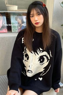 Y2K Grunge Oversize Anime Girl Black Sweater - Retro 90s Fashion, Y2K Summer Outfits