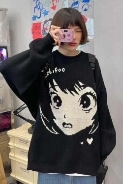 Y2K Grunge Oversize Anime Girl Black Sweater - Retro 90s Fashion, Y2K Summer Outfits