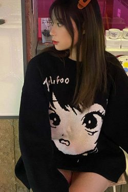 Y2K Grunge Oversize Anime Girl Black Sweater - Retro 90s Fashion, Y2K Summer Outfits