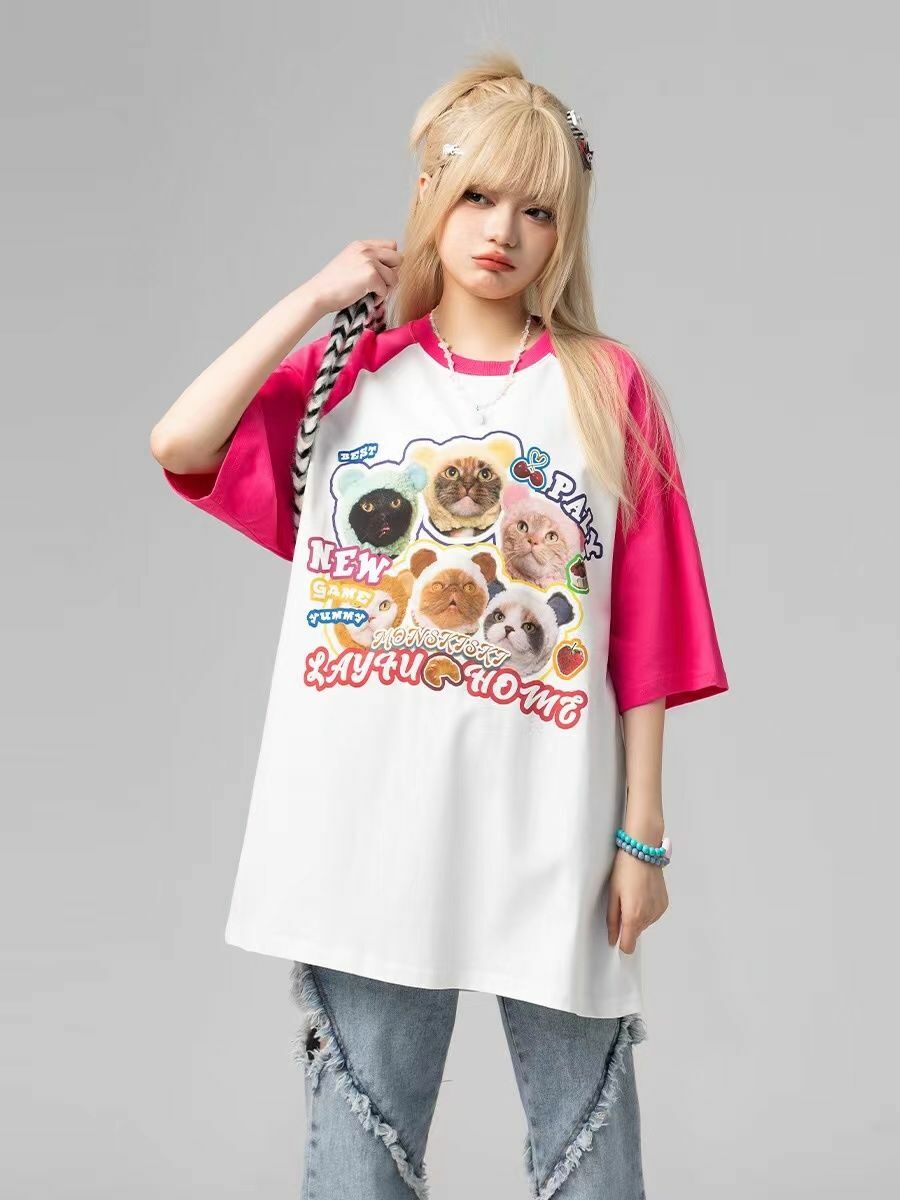 Y2K Grunge Oversize T-Shirt - Cute Meme Cats | 90s Retro Summer Outfit