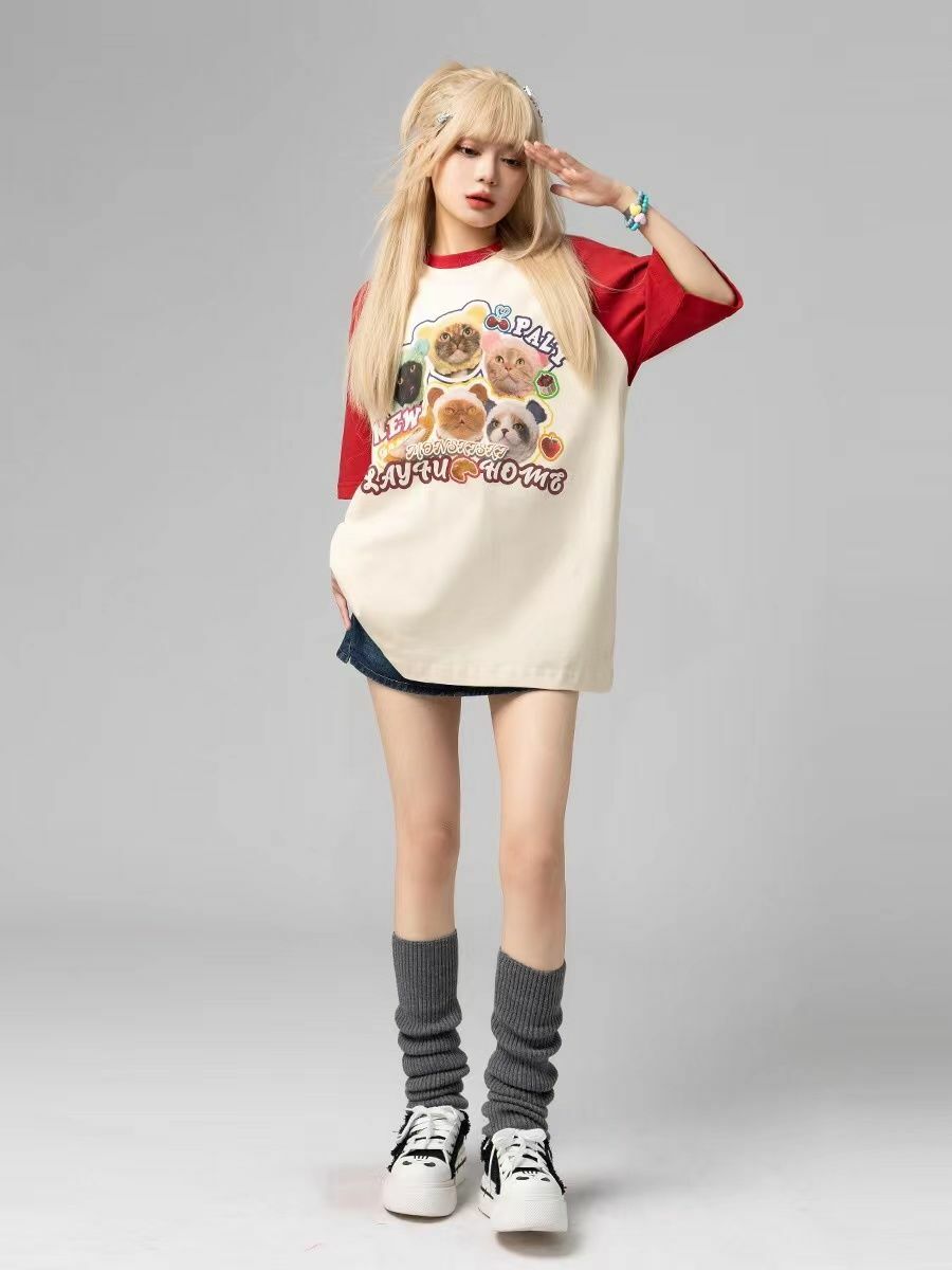 Y2K Grunge Oversize T-Shirt - Cute Meme Cats | 90s Retro Summer Outfit