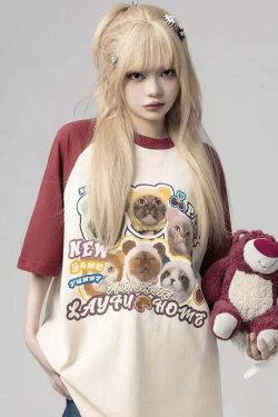 Y2K Grunge Oversize T-Shirt - Cute Meme Cats | 90s Retro Summer Outfit