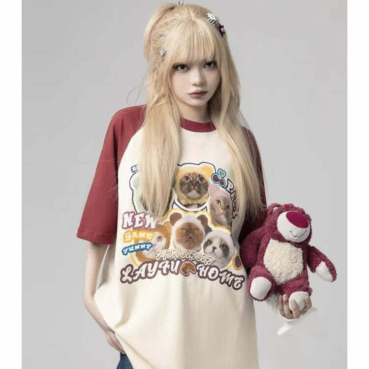 Y2K Grunge Oversize T-Shirt - Cute Meme Cats | 90s Retro Summer Outfit