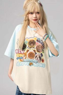Y2K Grunge Oversize T-Shirt - Cute Meme Cats | 90s Retro Summer Outfit