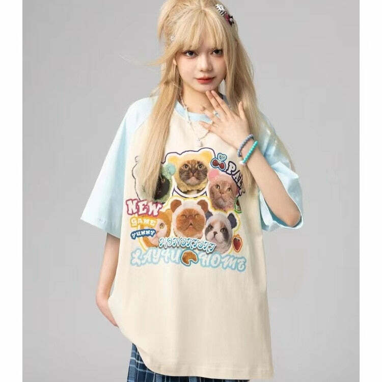 Y2K Grunge Oversize T-Shirt - Cute Meme Cats | 90s Retro Summer Outfit