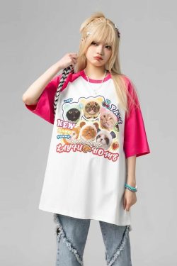 Y2K Grunge Oversize T-Shirt - Cute Meme Cats | 90s Retro Summer Outfit