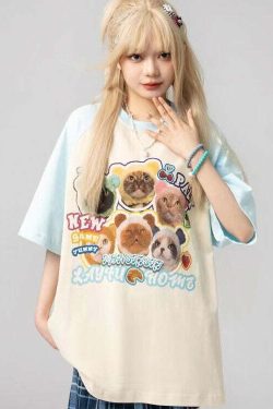 Y2K Grunge Oversize T-Shirt - Cute Meme Cats | 90s Retro Summer Outfit
