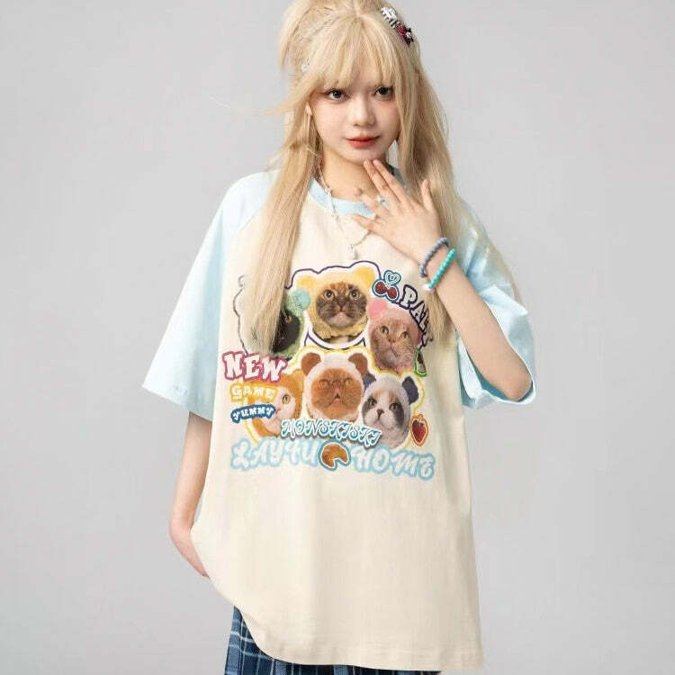 Y2K Grunge Oversize T-Shirt - Cute Meme Cats | 90s Retro Summer Outfit