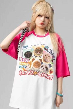 Y2K Grunge Oversize T-Shirt - Cute Meme Cats | 90s Retro Summer Outfit