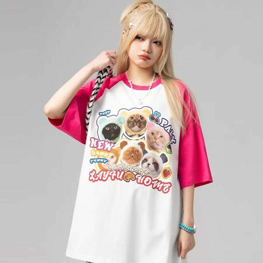 Y2K Grunge Oversize T-Shirt - Cute Meme Cats | 90s Retro Summer Outfit