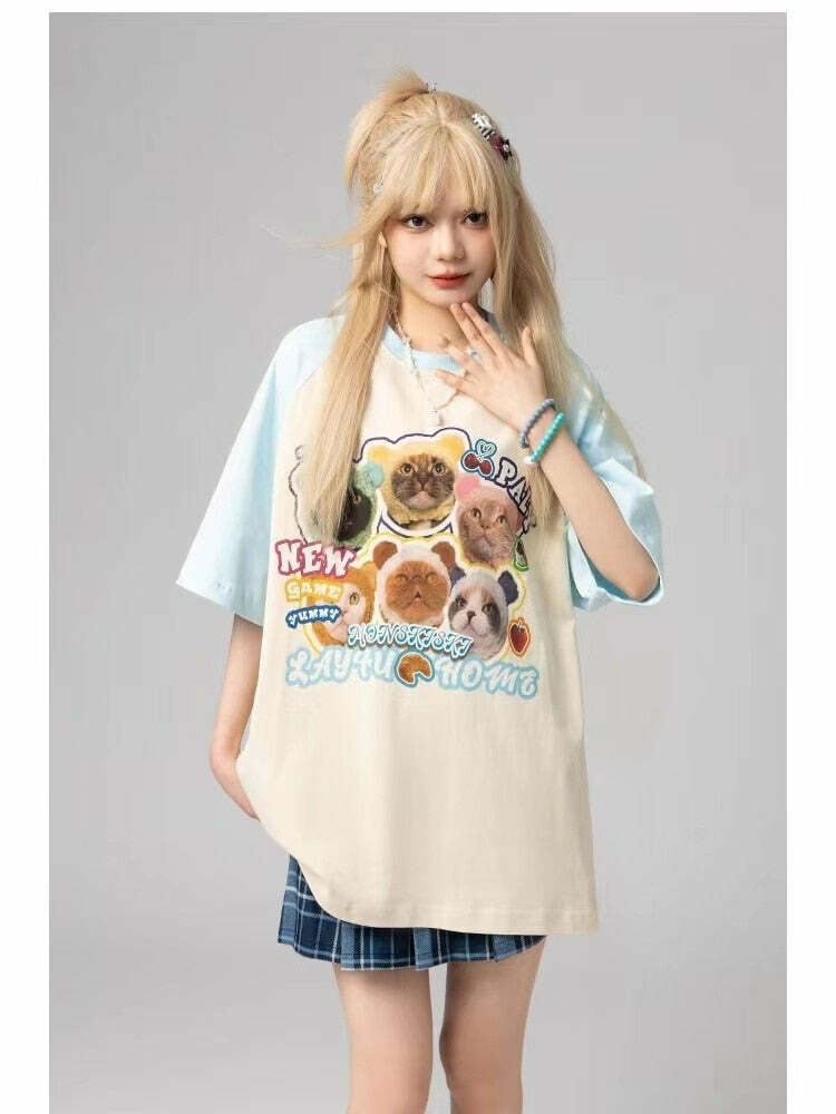 Y2K Grunge Oversize T-Shirt - Cute Meme Cats | 90s Retro Summer Outfit