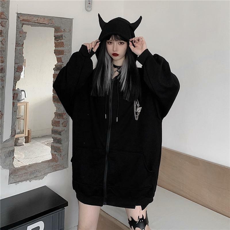 Y2K Grunge Oversized Black Zip Up Hoodie - 90s Fashion, Retro Style, Y2K Summer Outfits