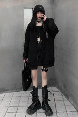 Y2K Grunge Oversized Black Zip Up Hoodie - 90s Fashion, Retro Style, Y2K Summer Outfits