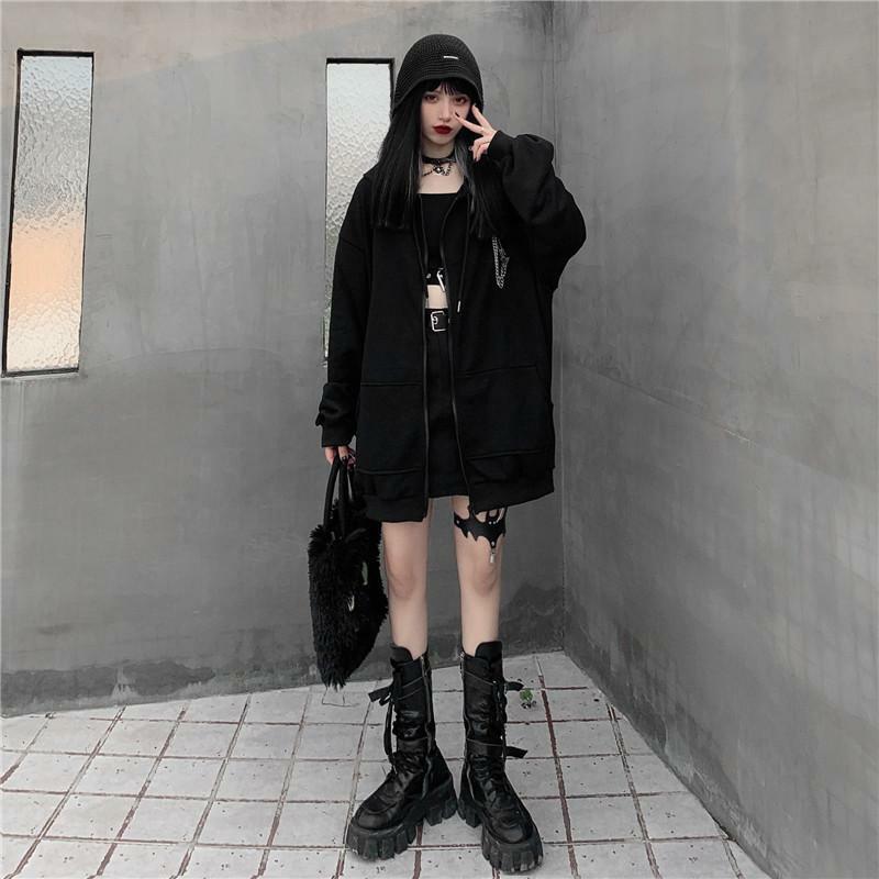 Y2K Grunge Oversized Black Zip Up Hoodie - 90s Fashion, Retro Style, Y2K Summer Outfits