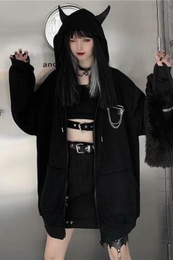 Y2K Grunge Oversized Black Zip Up Hoodie - 90s Fashion, Retro Style, Y2K Summer Outfits
