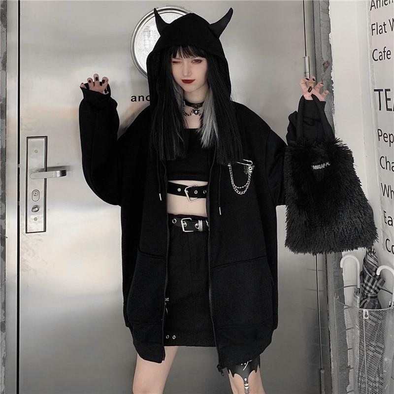 Y2K Grunge Oversized Black Zip Up Hoodie - 90s Fashion, Retro Style, Y2K Summer Outfits