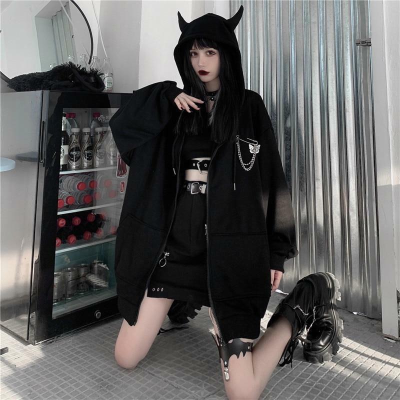 Y2K Grunge Oversized Black Zip Up Hoodie - 90s Fashion, Retro Style, Y2K Summer Outfits