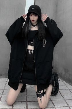 Y2K Grunge Oversized Black Zip Up Hoodie - 90s Fashion, Retro Style, Y2K Summer Outfits