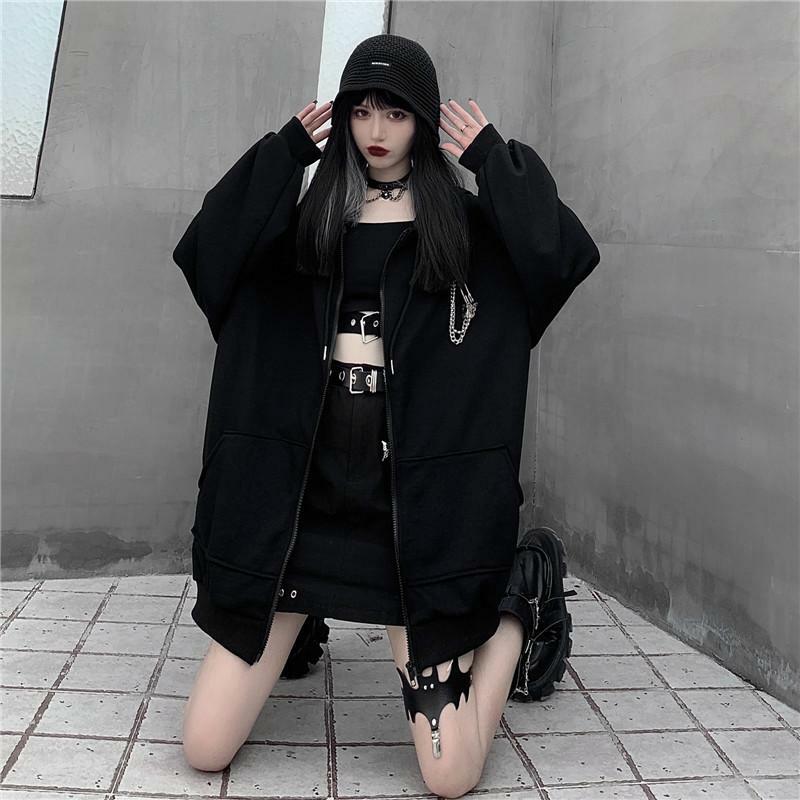 Y2K Grunge Oversized Black Zip Up Hoodie - 90s Fashion, Retro Style, Y2K Summer Outfits