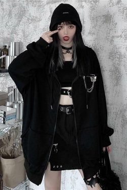 Y2K Grunge Oversized Black Zip Up Hoodie - 90s Fashion, Retro Style, Y2K Summer Outfits