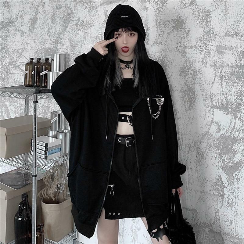 Y2K Grunge Oversized Black Zip Up Hoodie - 90s Fashion, Retro Style, Y2K Summer Outfits