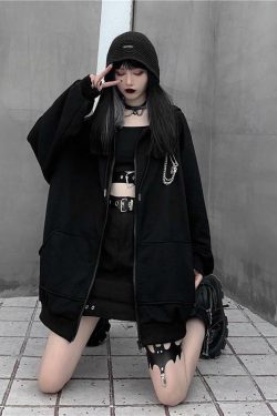 Y2K Grunge Oversized Black Zip Up Hoodie - 90s Fashion, Retro Style, Y2K Summer Outfits