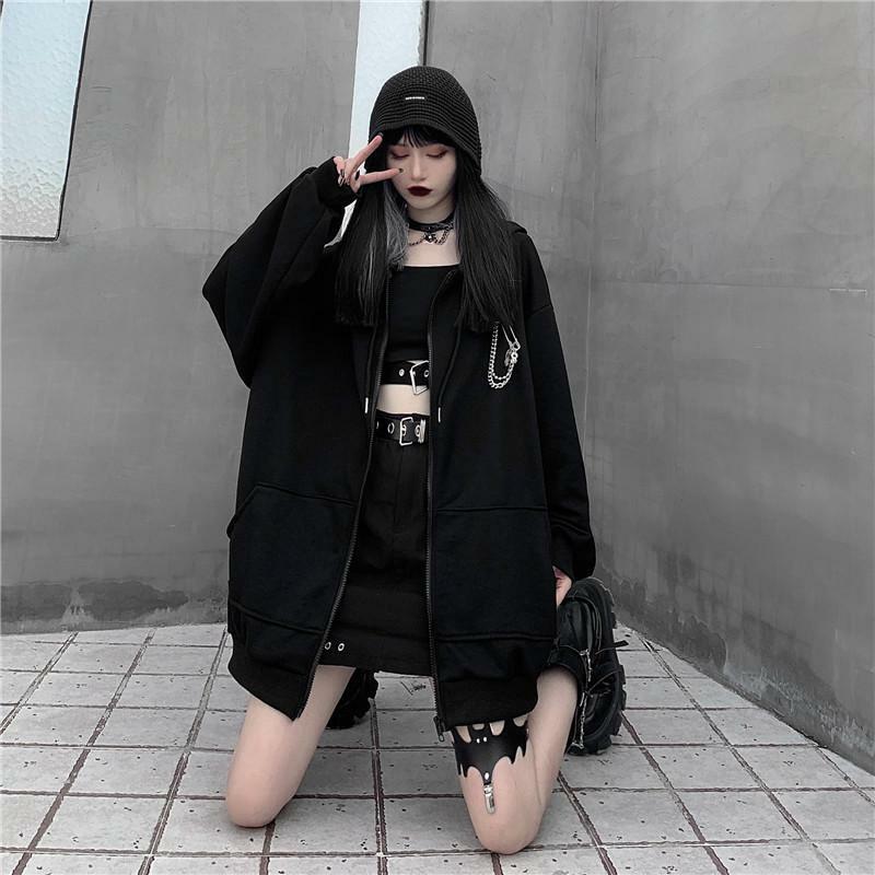 Y2K Grunge Oversized Black Zip Up Hoodie - 90s Fashion, Retro Style, Y2K Summer Outfits