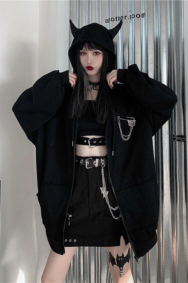 Y2K Grunge Oversized Black Zip Up Hoodie - 90s Fashion, Retro Style, Y2K Summer Outfits