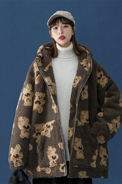 Y2K Grunge Oversized Fluffy Teddy Bear Zip-Up Hooded Coat - Brown/XL - Last Sizes