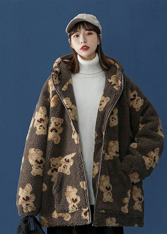 Y2K Grunge Oversized Fluffy Teddy Bear Zip-Up Hooded Coat - Brown/XL - Last Sizes