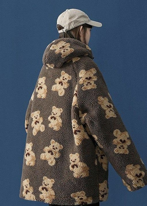 Y2K Grunge Oversized Fluffy Teddy Bear Zip-Up Hooded Coat - Brown/XL - Last Sizes